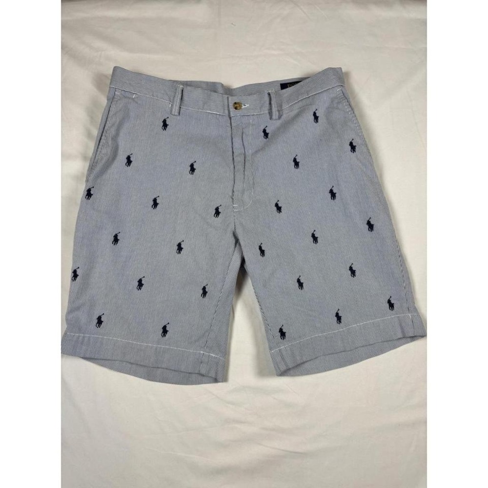 Polo Ralph Lauren Mens Seersucker Shorts Blue White Stripe All Over Pony Logo 36